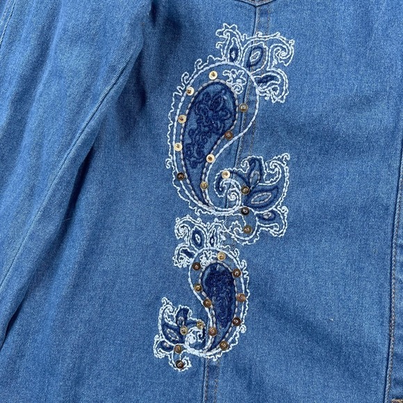 Blair Jacket Womens Large Blue Jean Denim Embroidered Paisley Sequins Button Up - Picture 6 of 13